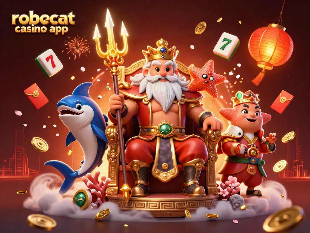 Play exciting games on the robocat casino app with a vibrant 3D illustration featuring slot reels and casino elements.