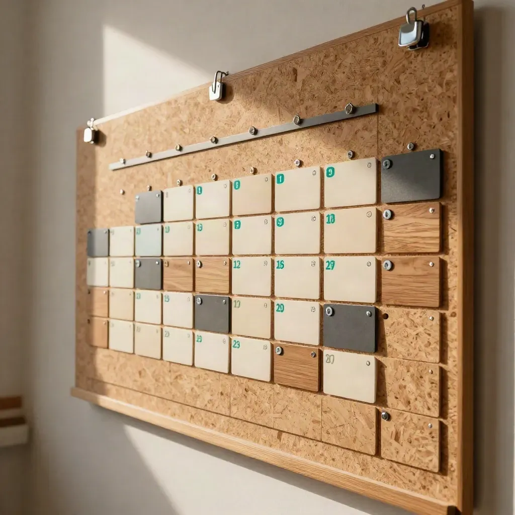 Calendario comunitario físico en pared de corcho con fichas turquesa y bloques neutros.