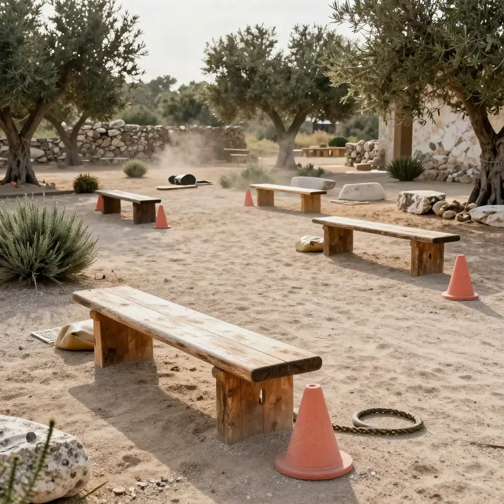 Finca abierta con estaciones de team building preparadas, conos bajos y banquetas en diagonal.