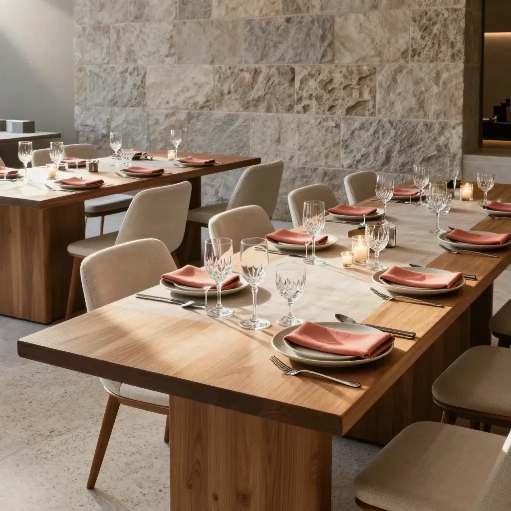 Comedor corporativo en Madrid listo para cenar, mesas vestidas y cristalería cálida sobre piedra.