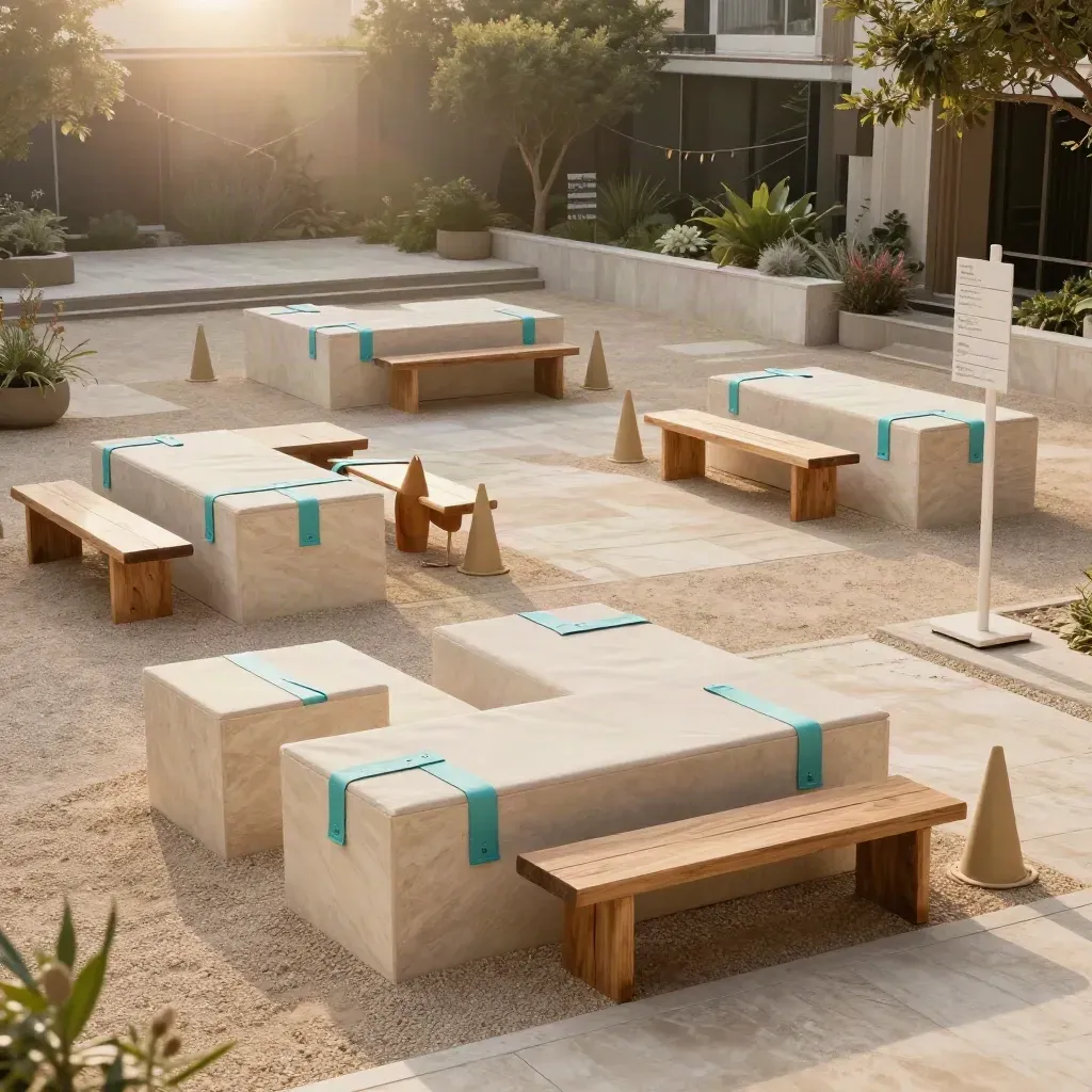 Tres sedes de team building unidas en un patio exterior, con cajas, conos y bancos coordinados.