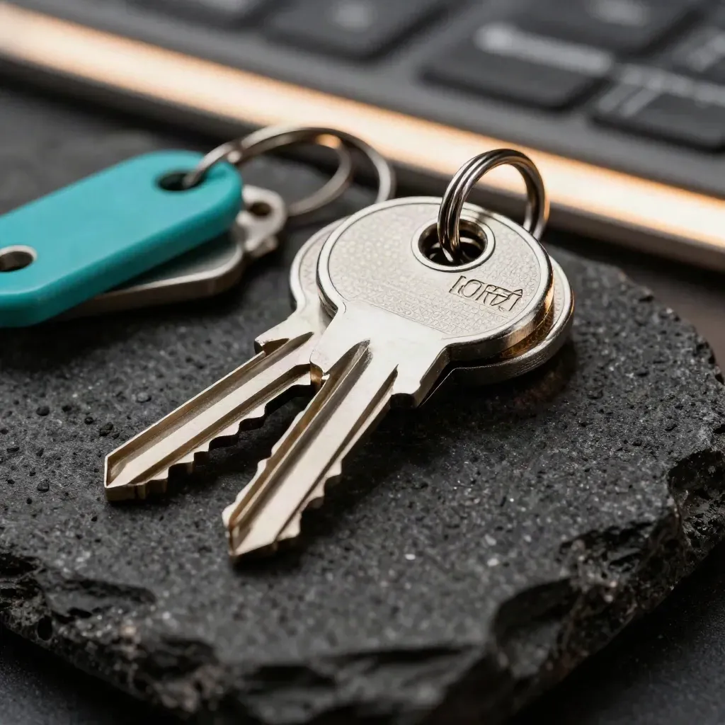 Llaves maestras y fichas de acceso sobre piedra oscura, con halo turquesa y fondo suave.