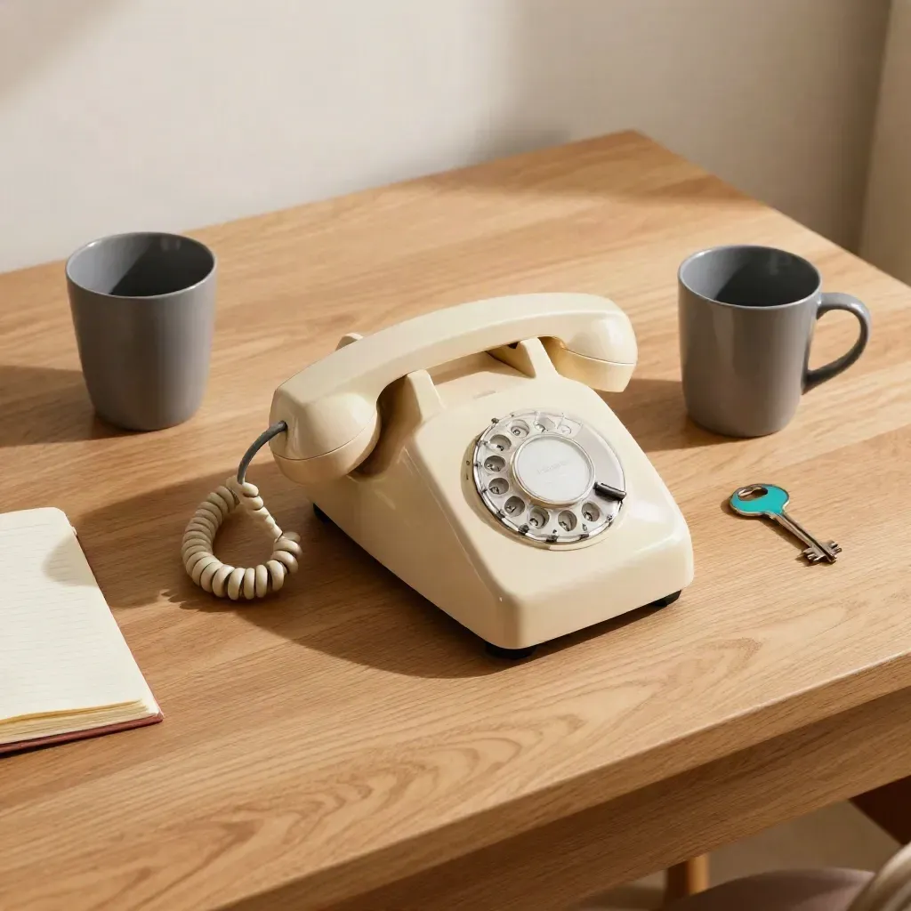 Teléfono fijo, cuaderno, taza y llave sobre madera clara con luz suave.