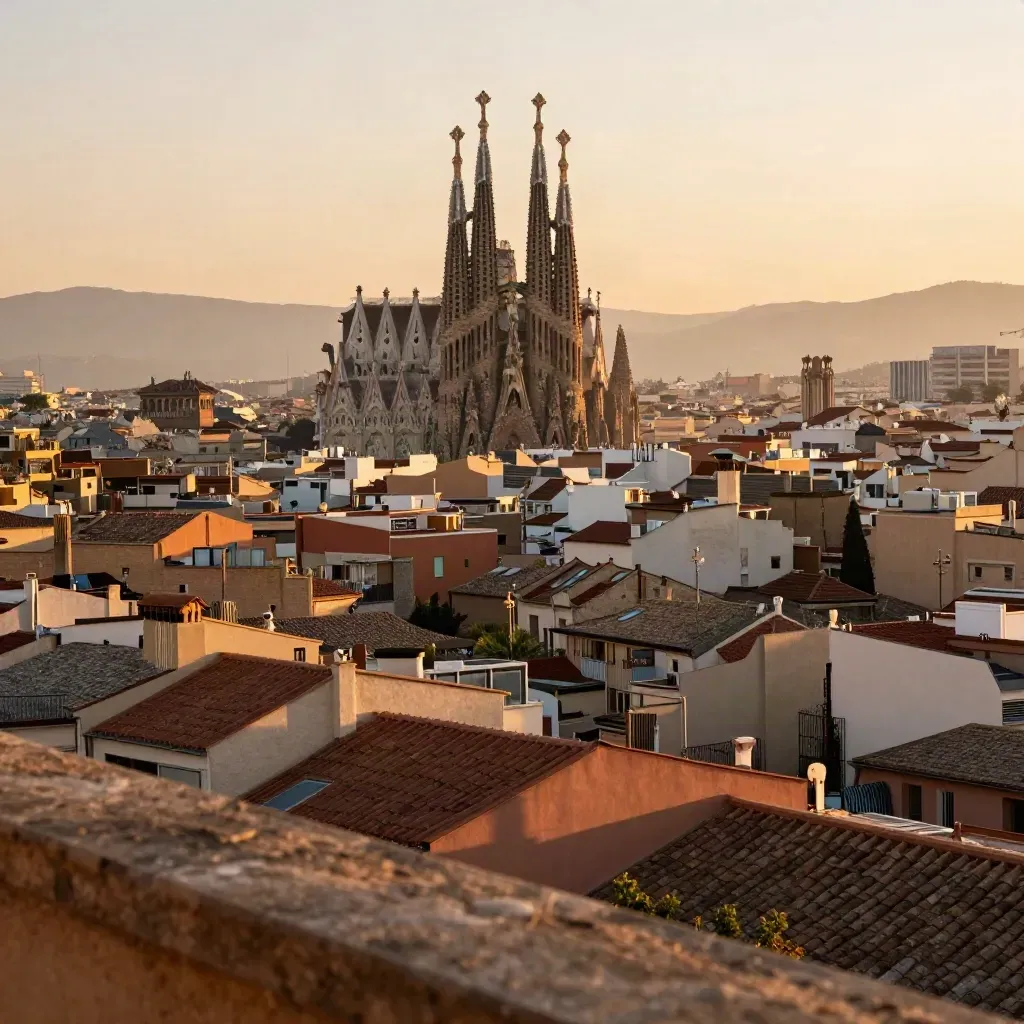 La Sagrada Família sobre tejados de Barcelona al atardecer, con cielo cremoso y espacio limpio para texto.