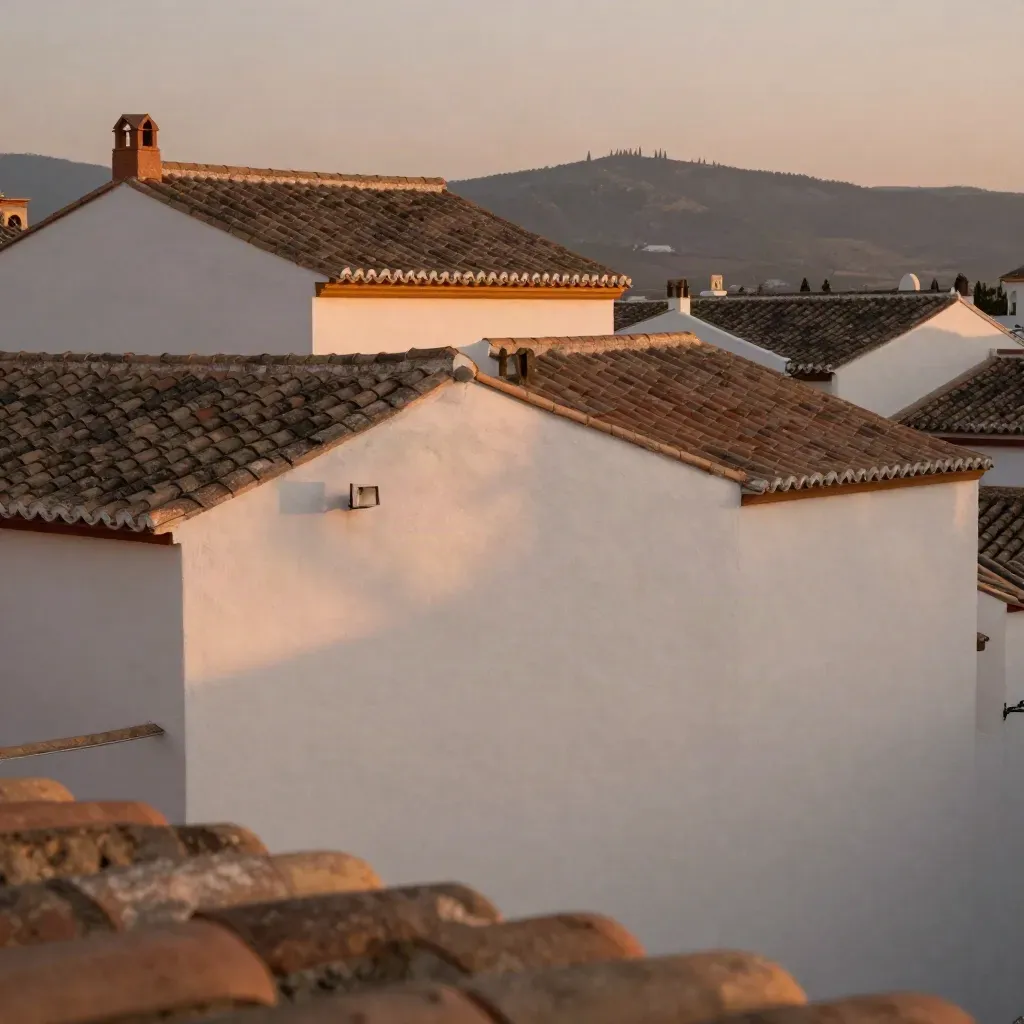 Azoteas encaladas de Andalucía al atardecer, con colinas lejanas y luz cálida.