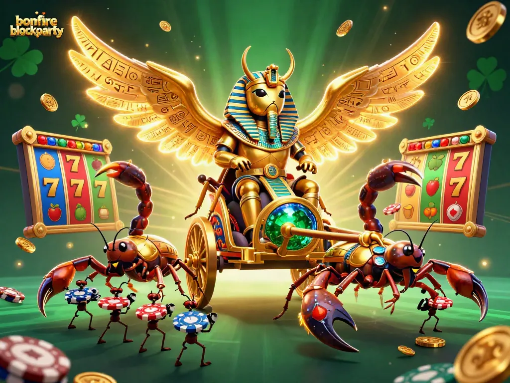 Engage in the vibrant bonfireblockparty casino scene with golden scarabs and jackpot symbols.