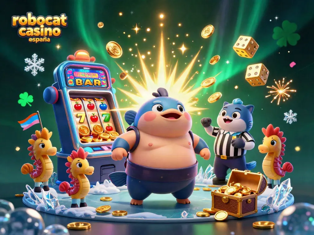 Experience robocat casino españa with a lively, dynamic underwater scene featuring a lively blowfish and casino elements.